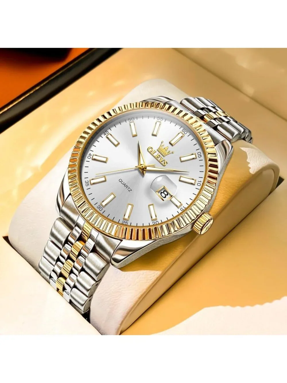 Olevs Mens Silver Gold Luxury Stainless White Face Analog Quartz Luminous Watch